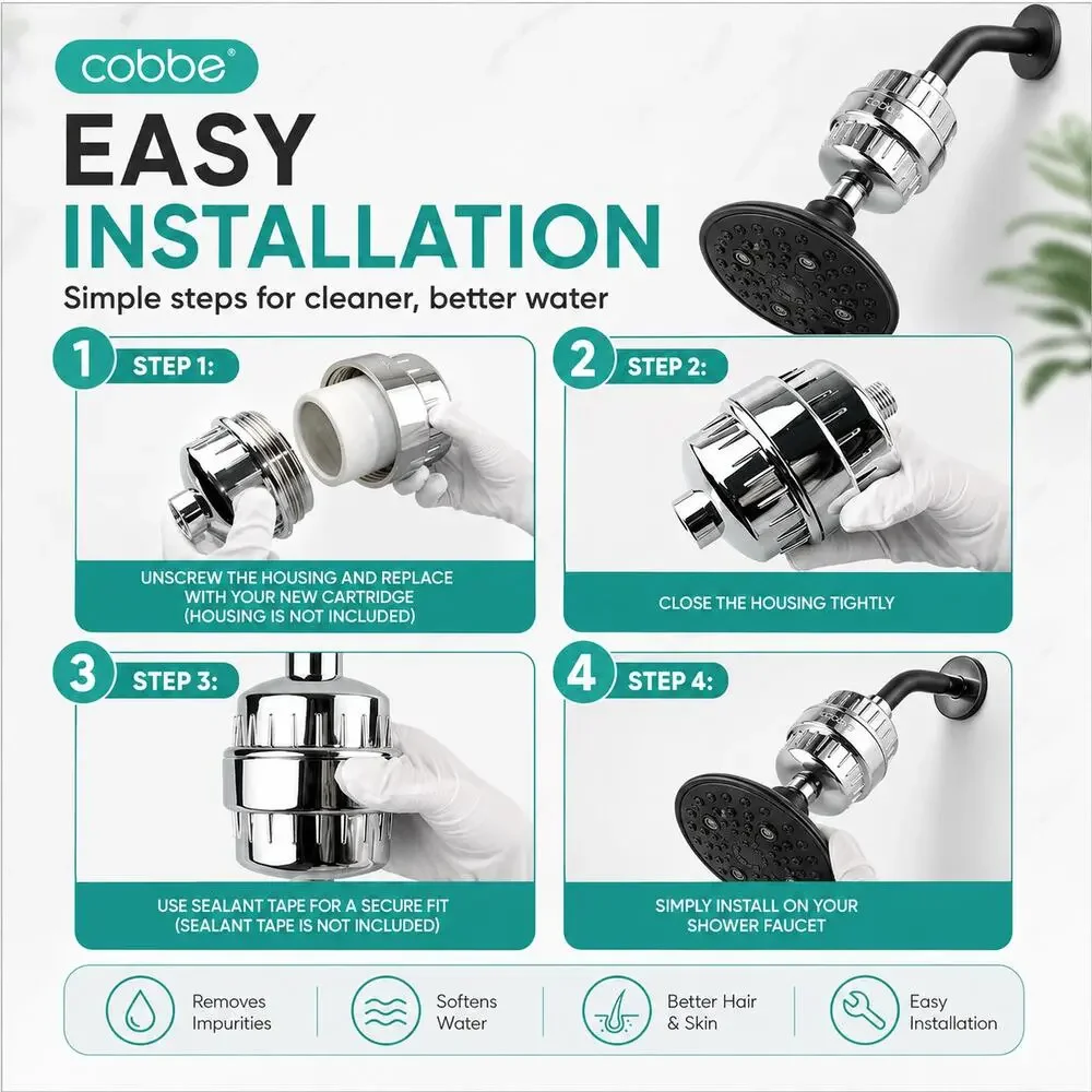 2-pc Cobbe Shower Filter for Hard Water – Matte Black (Model: CF-KSGLQB203-2)